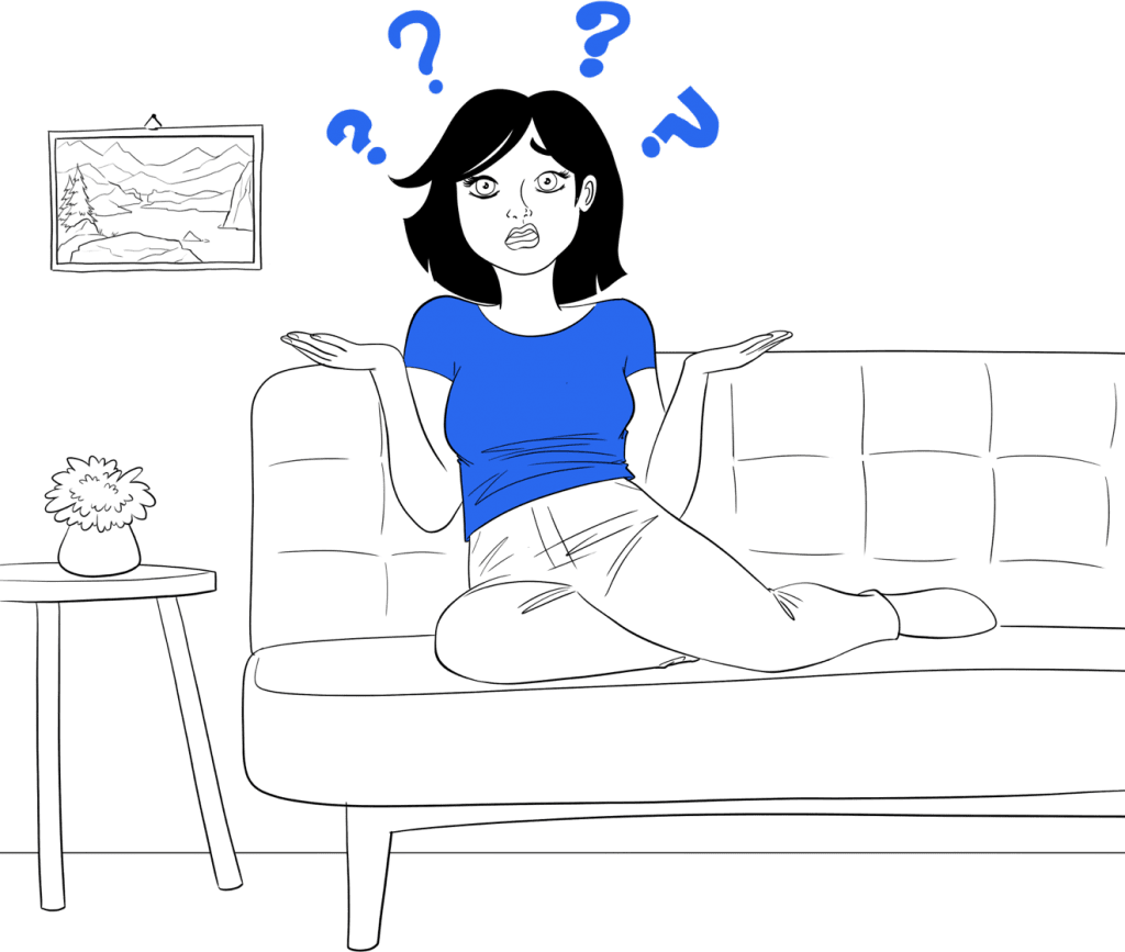 What are the signs of tonsil stones? Illustration of a woman on a sofa surrounded by question marks.